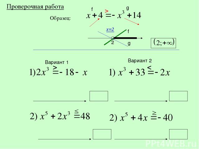 Образец: x=2 Проверочная работа Вариант 1 Вариант 2 > 2 f g g f