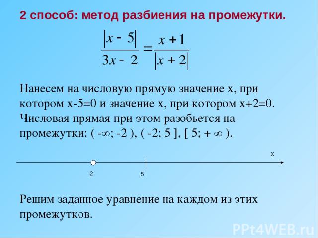 2 способ: метод разбиения на промежутки. Нанесем на числовую прямую значение х, при котором х-5=0 и значение х, при котором х+2=0. Числовая прямая при этом разобьется на промежутки: ( -∞; -2 ), ( -2; 5 ], [ 5; + ∞ ). Решим заданное уравнение на кажд…