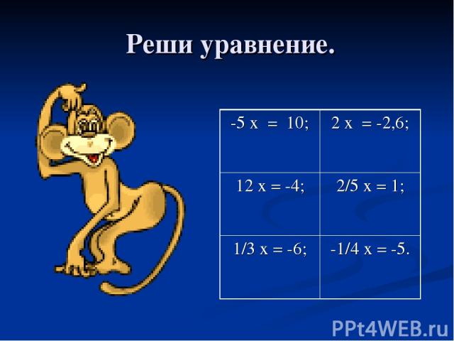 Реши уравнение. -5 х = 10; 2 х = -2,6; 12 х = -4; 2/5 х = 1; 1/3 х = -6; -1/4 х = -5.