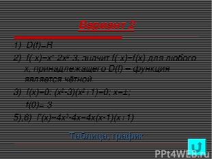 Вариант 2 1) D(f)=R 2) f(-x)=x4-2x2-3, значит f(-x)=f(x) для любого х, принадлеж