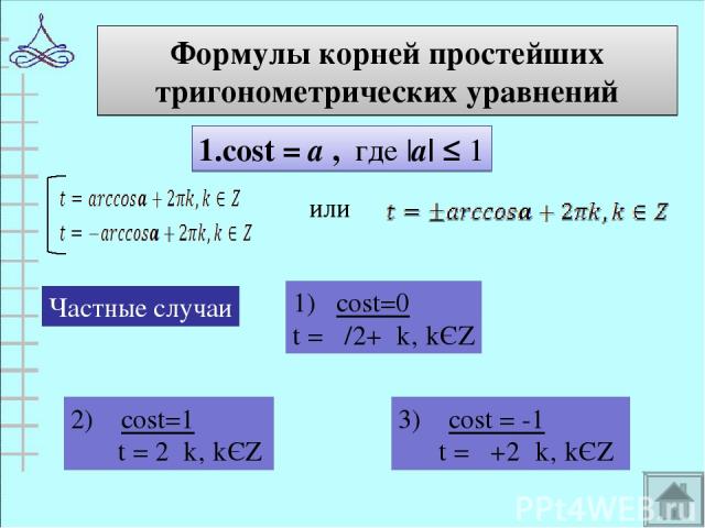 Формулы корней простейших тригонометрических уравнений 1.cost = а , где |а| ≤ 1 или Частные случаи 1) cost=0 t = π/2+πk‚ kЄZ 2) cost=1 t = 2πk‚ kЄZ 3) cost = -1 t = π+2πk‚ kЄZ
