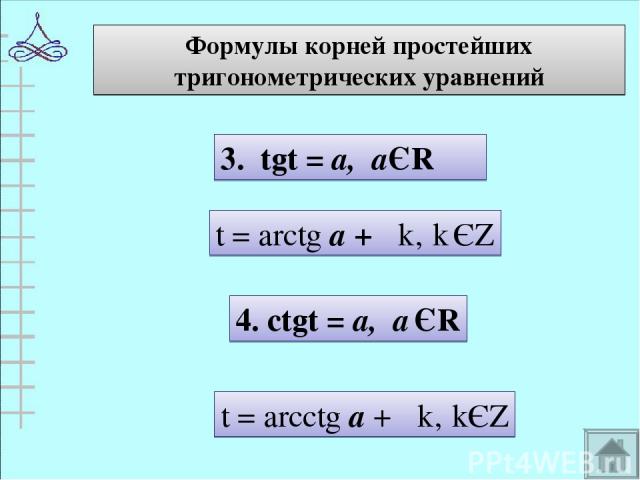 Формулы корней простейших тригонометрических уравнений 3. tgt = а, аЄR t = arctg а + πk‚ k ЄZ 4. ctgt = а, а ЄR t = arcctg а + πk‚ kЄZ