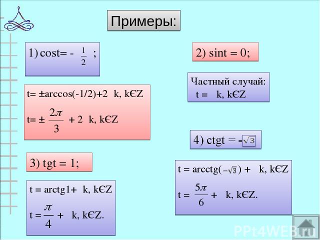 Примеры: cost= - ; 2) sint = 0; 3) tgt = 1; t= ±arccos(-1/2)+2πk, kЄZ t= ± + 2πk, kЄZ Частный случай: t = πk, kЄZ t = arctg1+πk, kЄZ t = + πk, kЄZ.