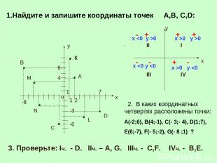 1.Найдите и запишите координаты точек A,B, C,D: у х о 1 1 1 1 -6 -3 7 2 4 -8 6 В