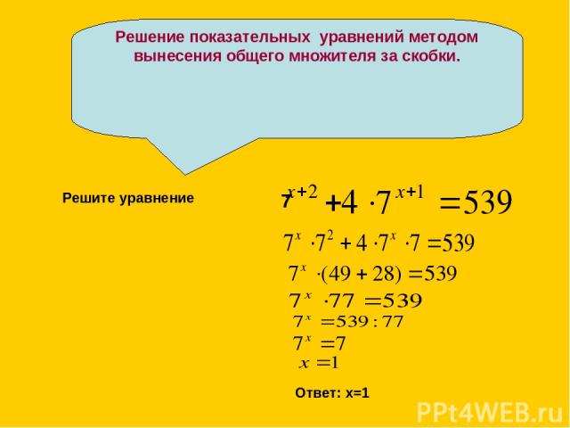 Решение показательных уравнений методом вынесения общего множителя за скобки. 7 Решите уравнение Ответ: х=1