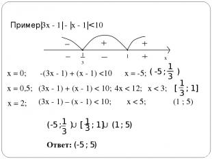 Пример: Ответ: |3х - 1| - |х - 1|< 10 1 3 1 1 х x = 0; -(3х - 1) + (х - 1)