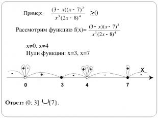 ≥0 Пример: Ответ: (0; 3] {7}. Рассмотрим функцию f(x)= х≠0. х≠4 Нули функции: х=