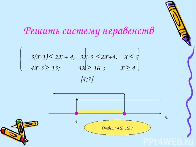 Решить систему неравенств 3(Х-1) ≤ 2Х + 4, 3Х-3 ≤2Х+4, Х ≤ 7 4Х-3 ≥ 13; 4Х ≥ 16 ; Х ≥ 4 [4;7] 4 7 x Ответ: 4 ≤ x ≤ 7