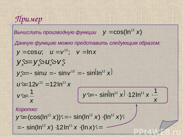 Пример Вычислить производную функции Данную функцию можно представить следующим образом: Коротко: