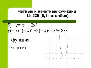 Четные и нечетные функции № 235 (II, III столбик) 5) y= x4 + 2х2 y(– x)=(– x)4 +