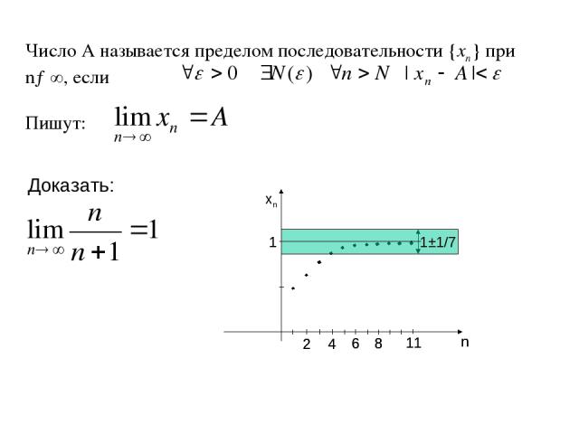 Число А называется пределом последовательности {xn} при n→∞, если Пишут: n xn 1 2 4 6 8 11 Доказать: 1±1/7 n 1 2 4 6 8 11