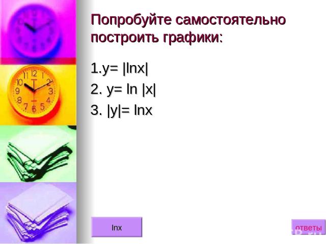 Попробуйте самостоятельно построить графики: 1.у= |lnx| 2. y= ln |x| 3. |y|= lnx ответы lnx