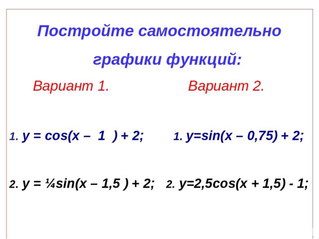 Постройте самостоятельно графики функций: Вариант 1. Вариант 2. 1. у = cos(x – 1 ) + 2; 1. y=sin(x – 0,75) + 2; 2. у = ¼sin(x – 1,5 ) + 2; 2. y=2,5cos(x + 1,5) - 1;