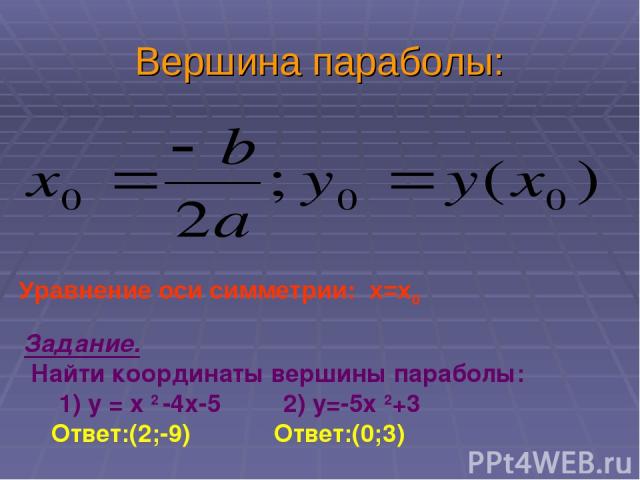 Вершина параболы: Задание. Найти координаты вершины параболы: 1) у = х 2 -4х-5 2) у=-5х 2+3 Ответ:(2;-9) Ответ:(0;3) Уравнение оси симметрии: х=х0