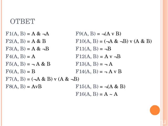 ОТВЕТ F1(A, B) = A & ¬A F9(A, B) = ¬(A v B) F2(A, B) = A & B F10(A, B) = (¬A & ¬B) v (A & B) F3(A, B) = A & ¬B F11(A, B) = ¬B F4(A, B) = A F12(A, B) = A v ¬B F5(A, B) = ¬ A & B F13(A, B) = ¬ A F6(A, B) = B F14(A, B) = ¬ A v B F7(A, B) = (¬A & B) v (…