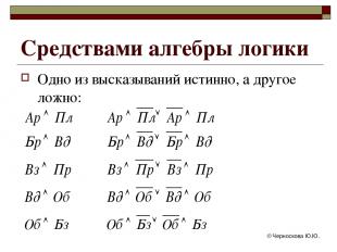 © Черноскова Ю.Ю. Одно из высказываний истинно, а другое ложно: Средствами алгеб