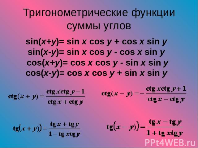 Тригонометрические функции суммы углов sin(x+y)= sin x cos y + cos x sin y sin(x-y)= sin x cos y - cos x sin y cos(x+y)= cos x cos y - sin x sin y cos(x-y)= cos x cos y + sin x sin y
