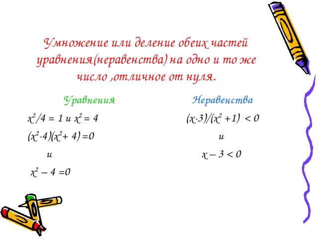 Умножение или деление обеих частей уравнения(неравенства) на одно и то же число ,отличное от нуля. Уравнения х2/4 = 1 и х2 = 4 (х2-4)(х2+ 4) =0 и х2 – 4 =0 Неравенства (х-3)/(х2 +1) < 0 и х – 3 < 0
