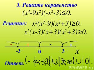 3. Решите неравенство (х4-9х2)(-х2-3)≤0. Решение: х2(х2-9)(х2+3)≥0. х2(х-3)(х+3)
