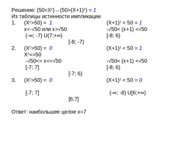 Решение: (50(X+1)2) = 1 Из таблицы истинности импликации (X2>50) = 1 (X+1)2 < 50 = 1 x√50 -√50< (x+1) 50) = 0 (X+1)2 < 50 = 1 X2