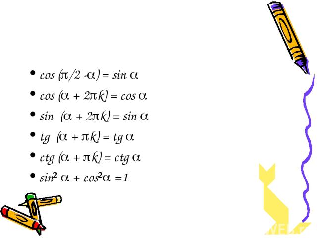 cos ( /2 - ) = sin cos ( + 2 k) = cos sin ( + 2 k) = sin tg ( + k) = tg ctg ( + k) = ctg sin² + cos² =1