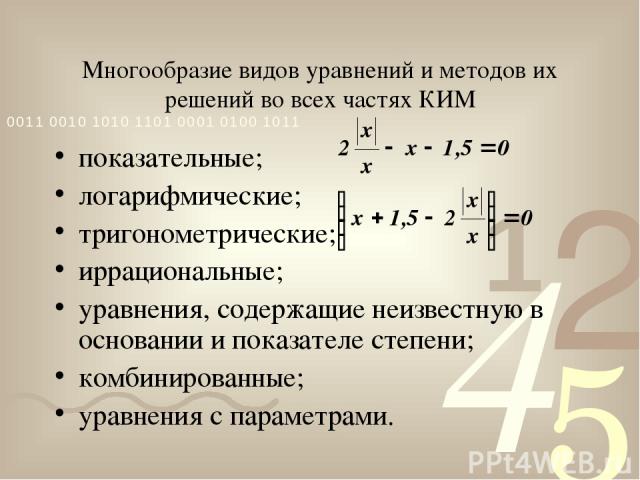 Многообразие видов уравнений и методов их решений во всех частях КИМ показательные; логарифмические; тригонометрические; иррациональные; уравнения, содержащие неизвестную в основании и показателе степени; комбинированные; уравнения с параметрами.