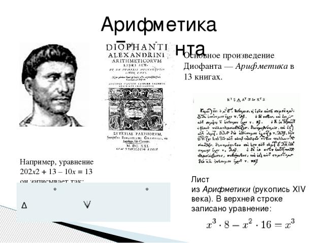 Основное произведение Диофанта — Арифметика в 13 книгах. Арифметика Диофанта Лист из Арифметики (рукопись XIV века). В верхней строке записано уравнение:  Например, уравнение 202x2 + 13 – 10x = 13 он записывает так: ° ° Δυ σβ Μ ιγ ς ι ΐσ Μ ιγ 