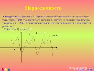 Периодичность Определение: Функция y = f(x) называется периодической, если сущес