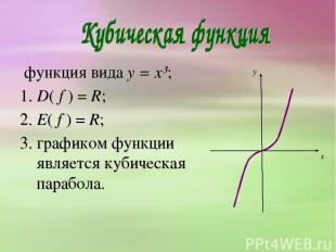 функция вида y = x³; 1. D( f ) = R; 2. E( f ) = R; 3. графиком функции является