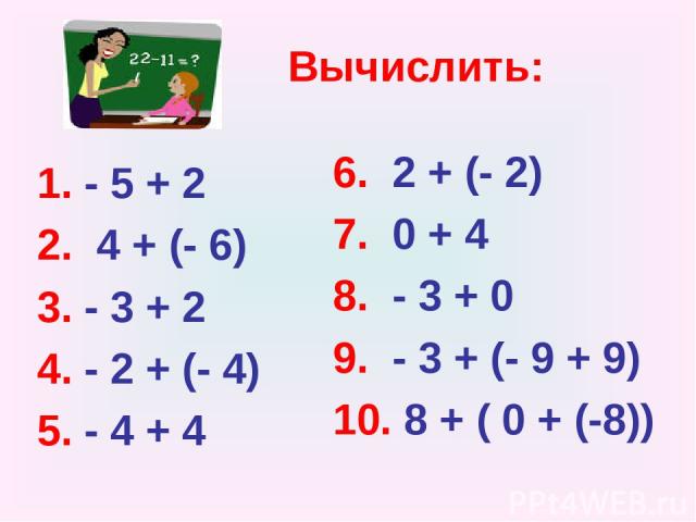 Вычислить: 1. - 5 + 2 2. 4 + (- 6) 3. - 3 + 2 4. - 2 + (- 4) 5. - 4 + 4 6. 2 + (- 2) 7. 0 + 4 8. - 3 + 0 9. - 3 + (- 9 + 9) 10. 8 + ( 0 + (-8))