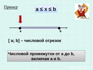 а ≤ x ≤ b a b [ a; b] – числовой отрезок Числовой промежуток от а до b, включая