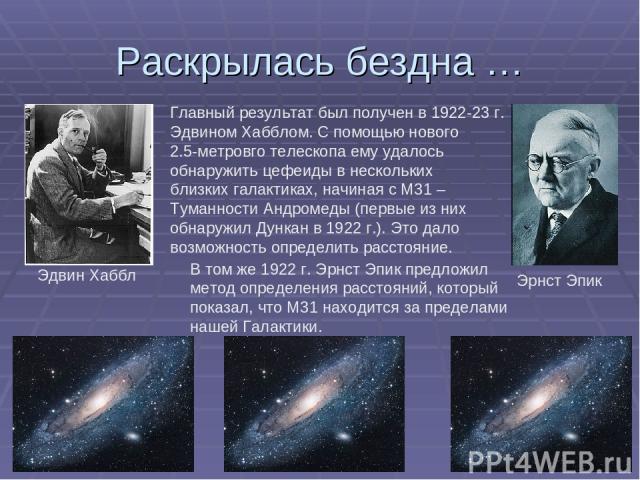 Раскрылась бездна … Эрнст Эпик Эдвин Хаббл Главный результат был получен в 1922-23 г. Эдвином Хабблом. С помощью нового 2.5-метровго телескопа ему удалось обнаружить цефеиды в нескольких близких галактиках, начиная с М31 – Туманности Андромеды (перв…