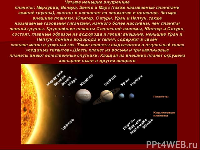 Четыре меньшие внутренние планеты: Меркурий, Венера, Земля и Марс (также называемые планетами земной группы), состоят в основном из силикатов и металлов. Четыре внешние планеты: Юпитер, Сатурн, Уран и Нептун, также называемые газовыми гигантами, нам…