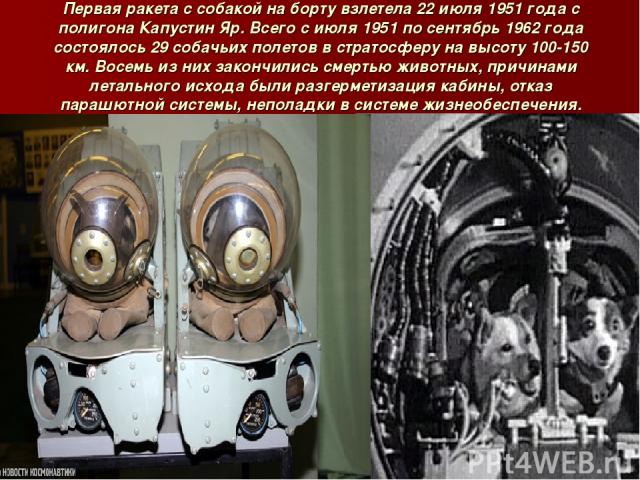 Первая ракета с собакой на борту взлетела 22 июля 1951 года с полигона Капустин Яр. Всего с июля 1951 по сентябрь 1962 года состоялось 29 собачьих полетов в стратосферу на высоту 100-150 км. Восемь из них закончились смертью животных, причинами лета…