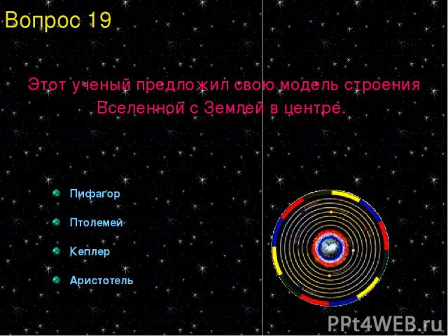 Этот ученый предложил свою модель строения Вселенной с Землей в центре. Пифагор Птолемей Кеплер Аристотель Вопрос 19