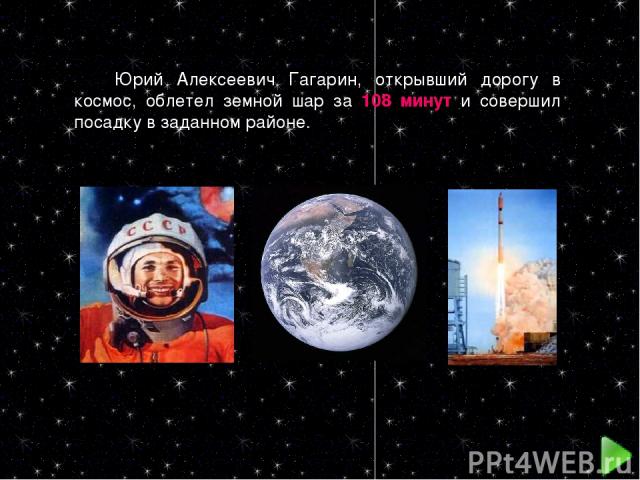 Юрий Алексеевич Гагарин, открывший дорогу в космос, облетел земной шар за 108 минут и совершил посадку в заданном районе.