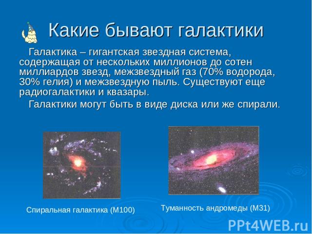 Какие бывают галактики Галактика – гигантская звездная система, содержащая от нескольких миллионов до сотен миллиардов звезд, межзвездный газ (70% водорода, 30% гелия) и межзвездную пыль. Существуют еще радиогалактики и квазары. Галактики могут быть…