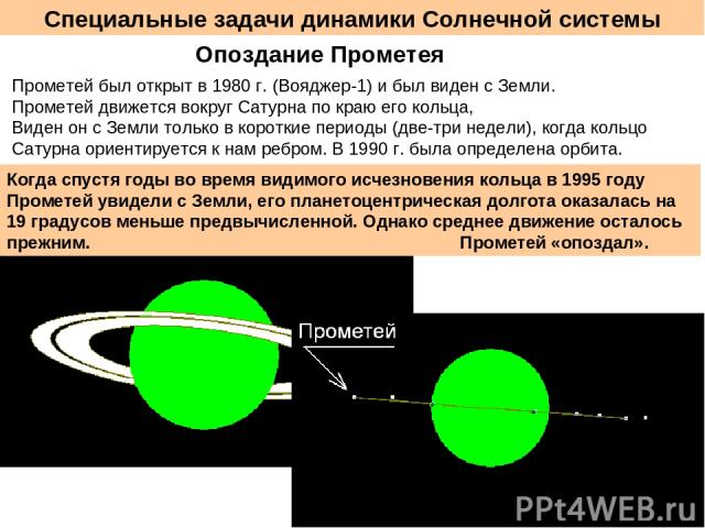 Специальные задачи динамики Солнечной системы Опоздание Прометея Прометей был открыт в 1980 г. (Вояджер-1) и был виден с Земли. Прометей движется вокруг Сатурна по краю его кольца, Виден он с Земли только в короткие периоды (две-три недели), когда к…