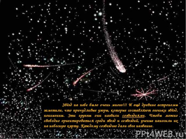 Звёзд на небе было очень много!!! И ещё древние астрономы заметили, что причудливые узоры, которые составляют огоньки звёзд, неизменны. Эти группы они назвали созвездиями. Чтобы можно свободно ориентироваться среди звезд и созвездий, ученые наносили…