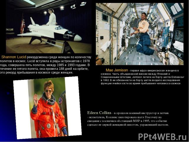 Shannon Lucid рекордсменка среди женщин по количеству полетов в космос. Lucid вступила в ряды астронавтов с 1978 года, совершила пять полетов, между 1985 и 1993 годами. В течение ее пятого полета, она провела 188 дней на орбите, это рекорд прибывани…