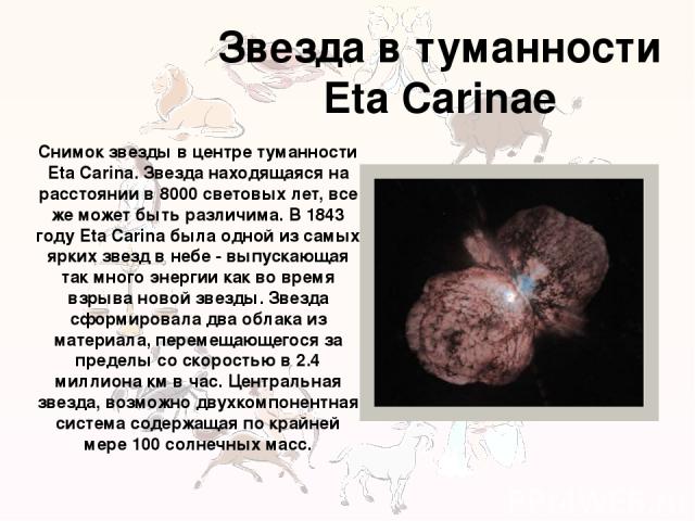 Звезда в туманности Eta Carinae Снимок звезды в центре туманности Eta Carina. Звезда находящаяся на расстоянии в 8000 световых лет, все же может быть различима. В 1843 году Eta Carina была одной из самых ярких звезд в небе - выпускающая так много эн…