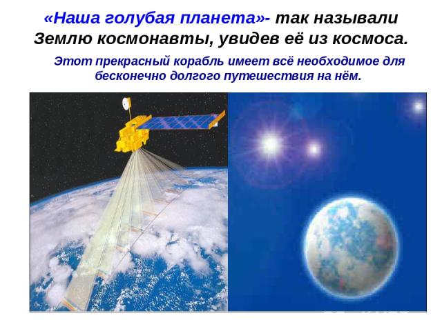 «Наша голубая планета»- так называли Землю космонавты, увидев её из космоса. Этот прекрасный корабль имеет всё необходимое для бесконечно долгого путешествия на нём.