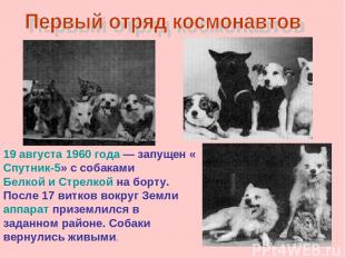 19 августа 1960 года — запущен «Спутник-5» с собаками Белкой и Стрелкой на борту