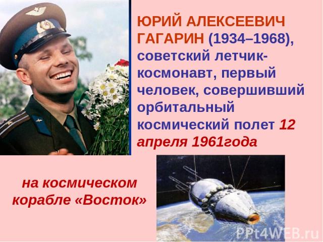 ЮРИЙ АЛЕКСЕЕВИЧ ГАГАРИН (1934–1968), советский летчик-космонавт, первый человек, совершивший орбитальный космический полет 12 апреля 1961года на космическом корабле «Восток»