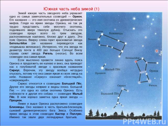 Зимой южную часть звездного неба украшает одно из самых замечательных созвездий — Орион. Его название — это имя охотника из древнегреческих мифов. Глядя на яркие звезды Ориона, не так уж трудно представить себе могучего охотника, поднявшего вверх тя…