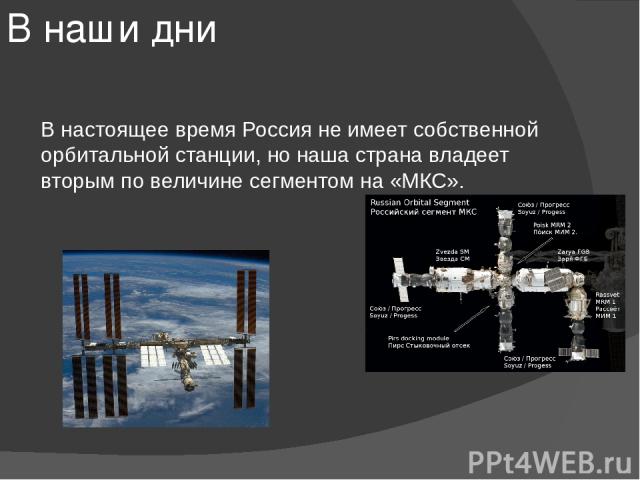 В наши дни В настоящее время Россия не имеет собственной орбитальной станции, но наша страна владеет вторым по величине сегментом на «МКС».