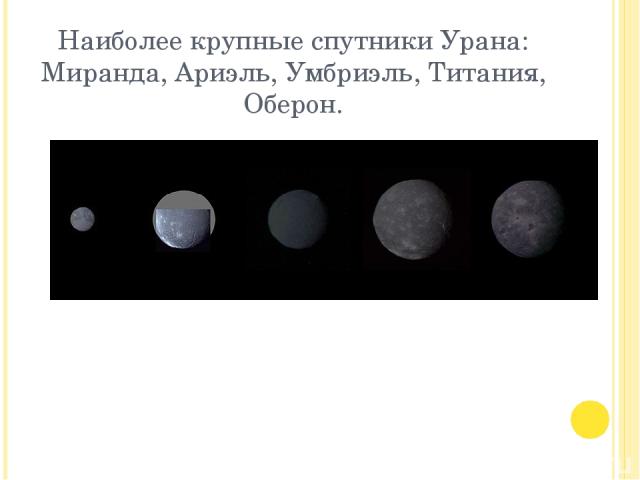 Наиболее крупные спутники Урана: Миранда, Ариэль, Умбриэль, Титания, Оберон.