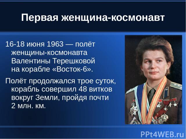 Первая женщина-космонавт 16-18 июня 1963 — полёт женщины-космонавта Валентины Терешковой на корабле «Восток-6». Полёт продолжался трое суток, корабль совершил 48 витков вокруг Земли, пройдя почти 2 млн. км.