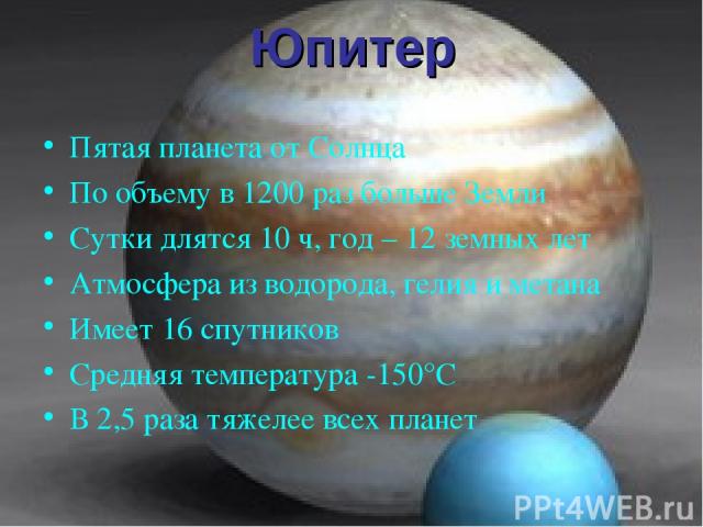 Юпитер Пятая планета от Солнца По объему в 1200 раз больше Земли Сутки длятся 10 ч, год – 12 земных лет Атмосфера из водорода, гелия и метана Имеет 16 спутников Средняя температура -150°С В 2,5 раза тяжелее всех планет