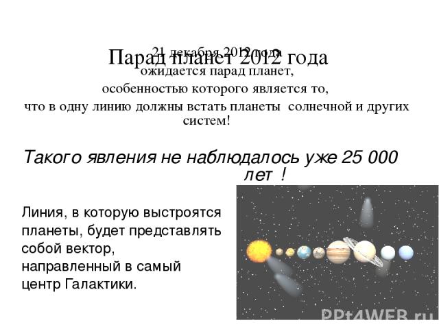 Парад планет 2012 года 21 декабря 2012 года ожидается парад планет, особенностью которого является то, что в одну линию должны встать планеты  солнечной и других систем! Такого явления не наблюдалось уже 25 000 лет! Линия, в которую выстроятся плане…